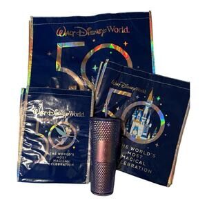 Disney World 50th Anniversary Set of 3 Shopping Totes & Starbucks Tumbler